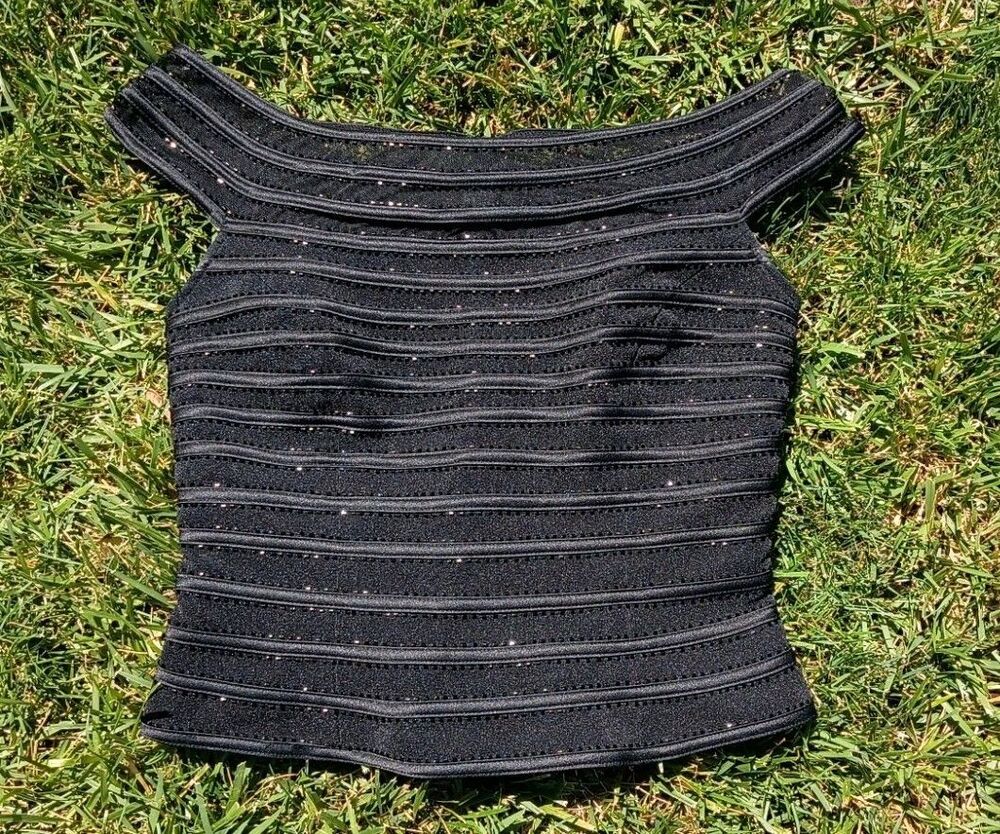 JS Collections Petite 4P Black Beaded Mesh Illusion Sleeveless Cocktail Top Y2K
